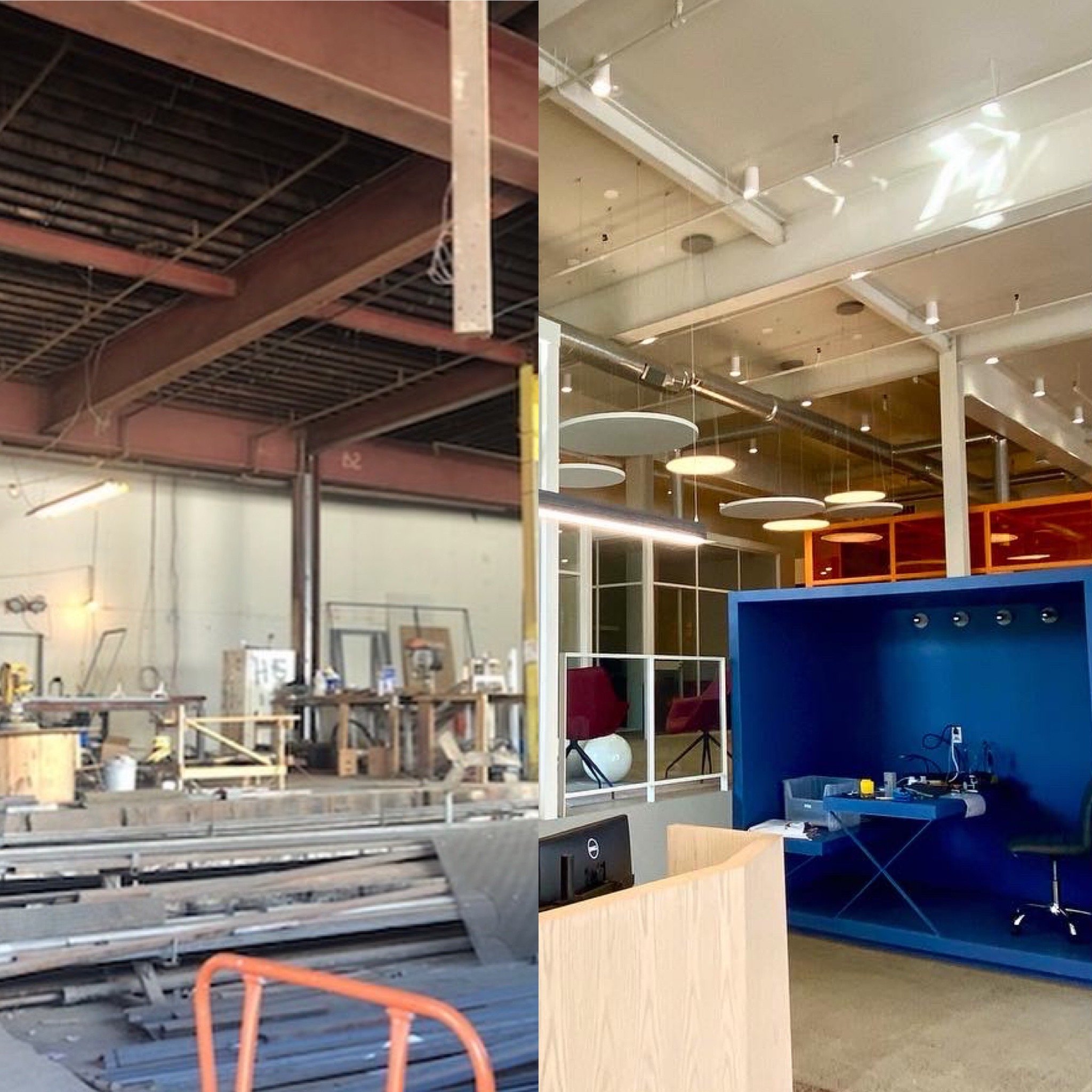 A before and after of a space at Billy Penn Studios — the metal shop on one side, a finished office on the other