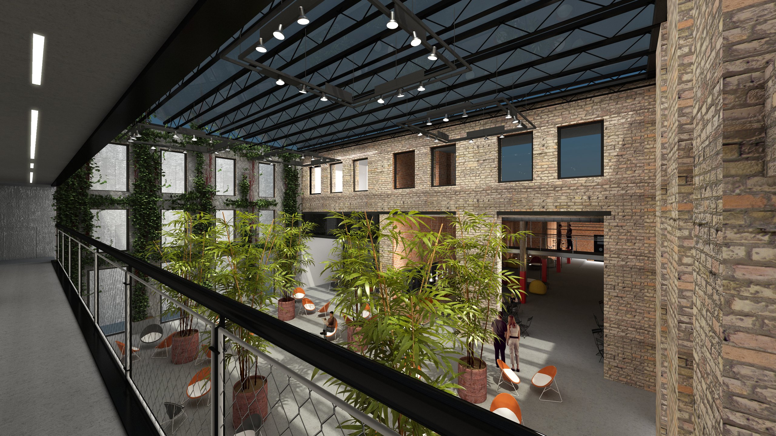 An early rendering of the Billy Penn Studios atrium seen from the catwalk, under the glass and steel truss ceiling