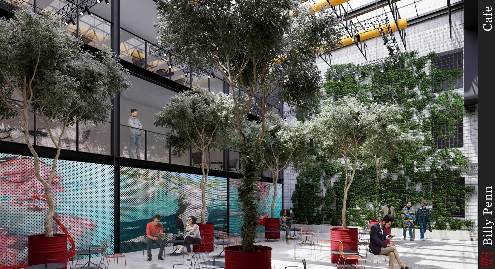 An early rendering looking south across the Billy Penn Studios atrium, with a painted mural, a living green wall and glazed offices above