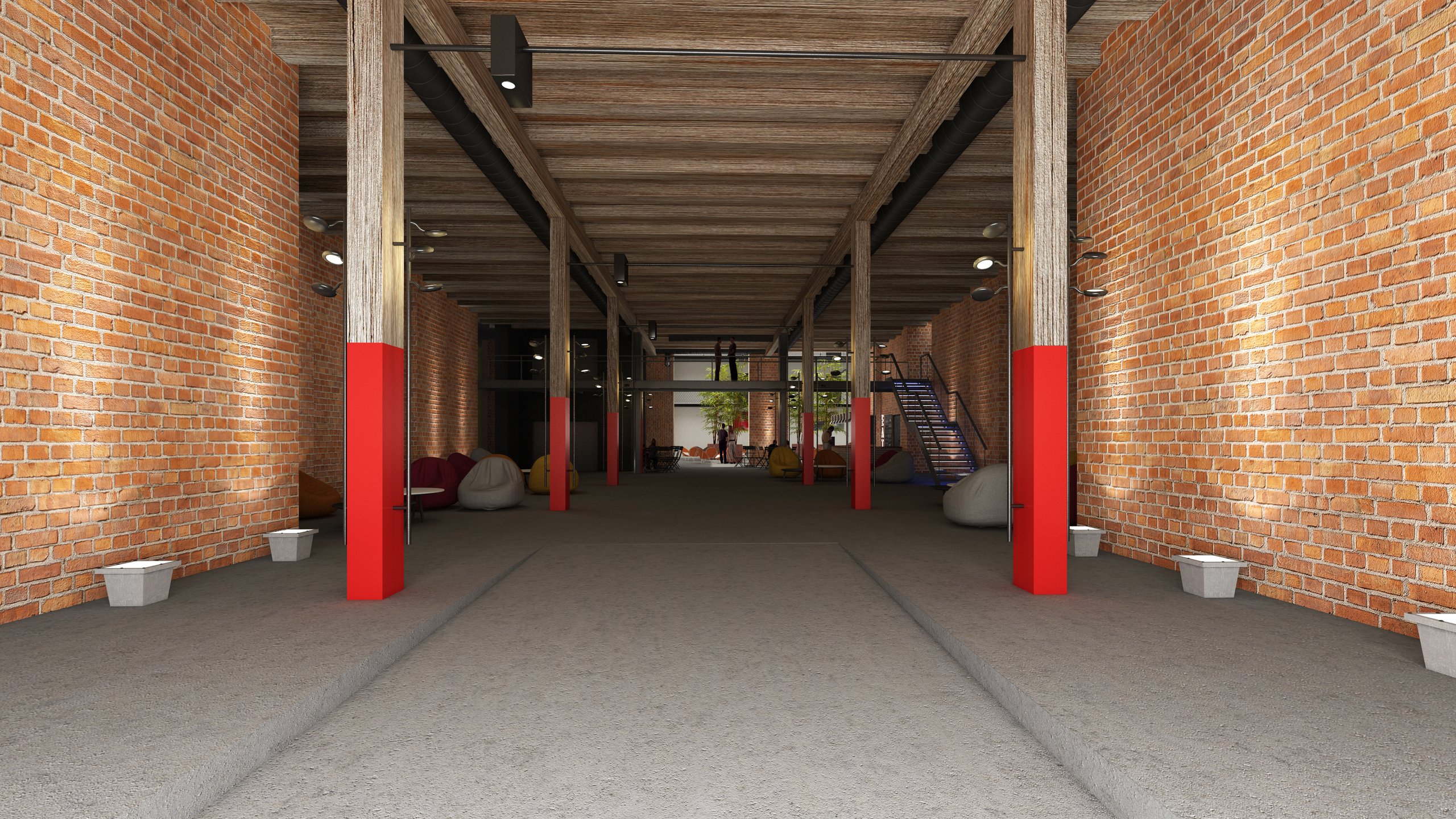 An early rendering of the lobby at Billy Penn Studios, looking down the timber posts and red columns toward the atrium