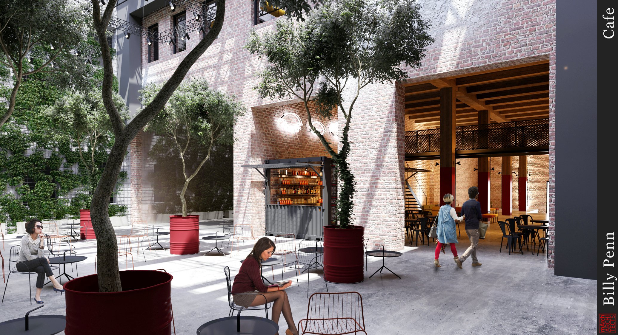 An early rendering of the courtyard cafe at Billy Penn Studios, with a shipping container coffee bar under the trees