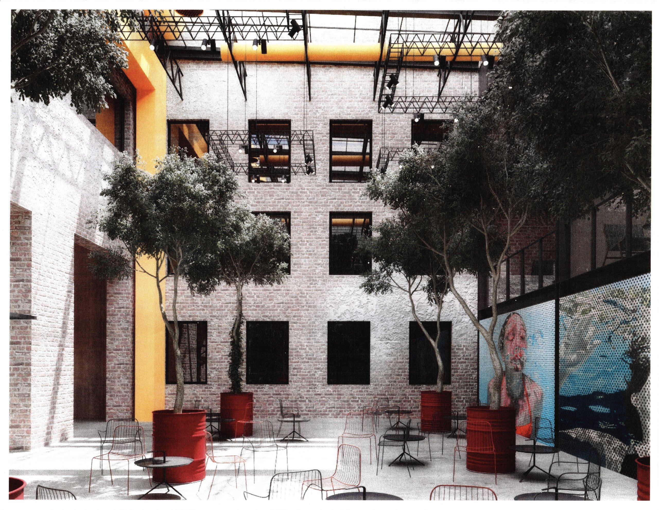 An early rendering of the Billy Penn Studios atrium, with whitewashed brick, trees in red drums and cafe seating