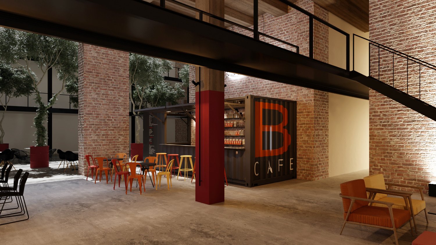 An early rendering of the cafe at Billy Penn Studios, with the container coffee bar beneath the steel catwalk