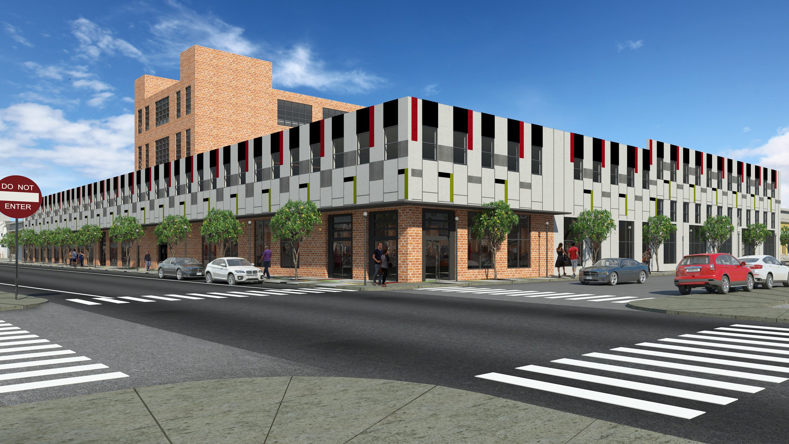 An early rendering of the 1516 N 5th Street facade, with brick at street level and a paneled upper story