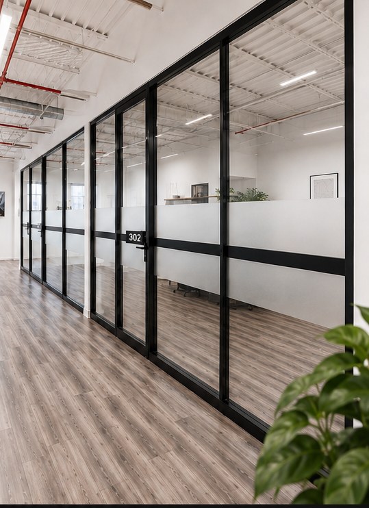 A corridor of glass fronted private offices at Billy Penn Studios, black steel frames and wood floors