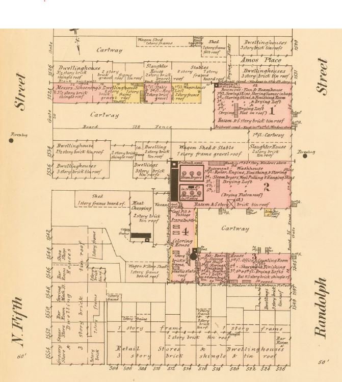 The 1878 Hexamer survey plot plan of the Schoening works between N Fifth and Randolph Streets, showing the tan house, drying lofts and coloring house