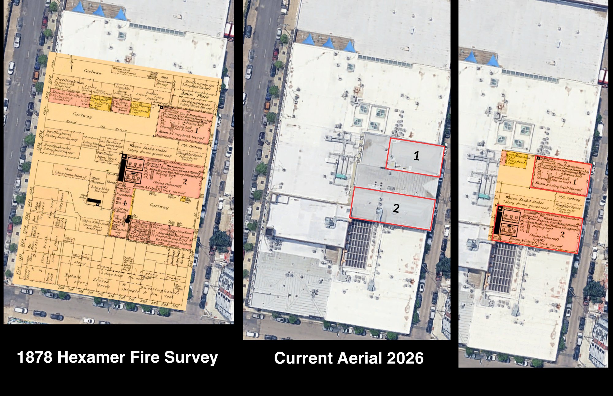 The 1878 Hexamer survey overlaid on a current aerial photograph of Billy Penn Studios, showing the footprints of Buildings 1 and 2 still in place