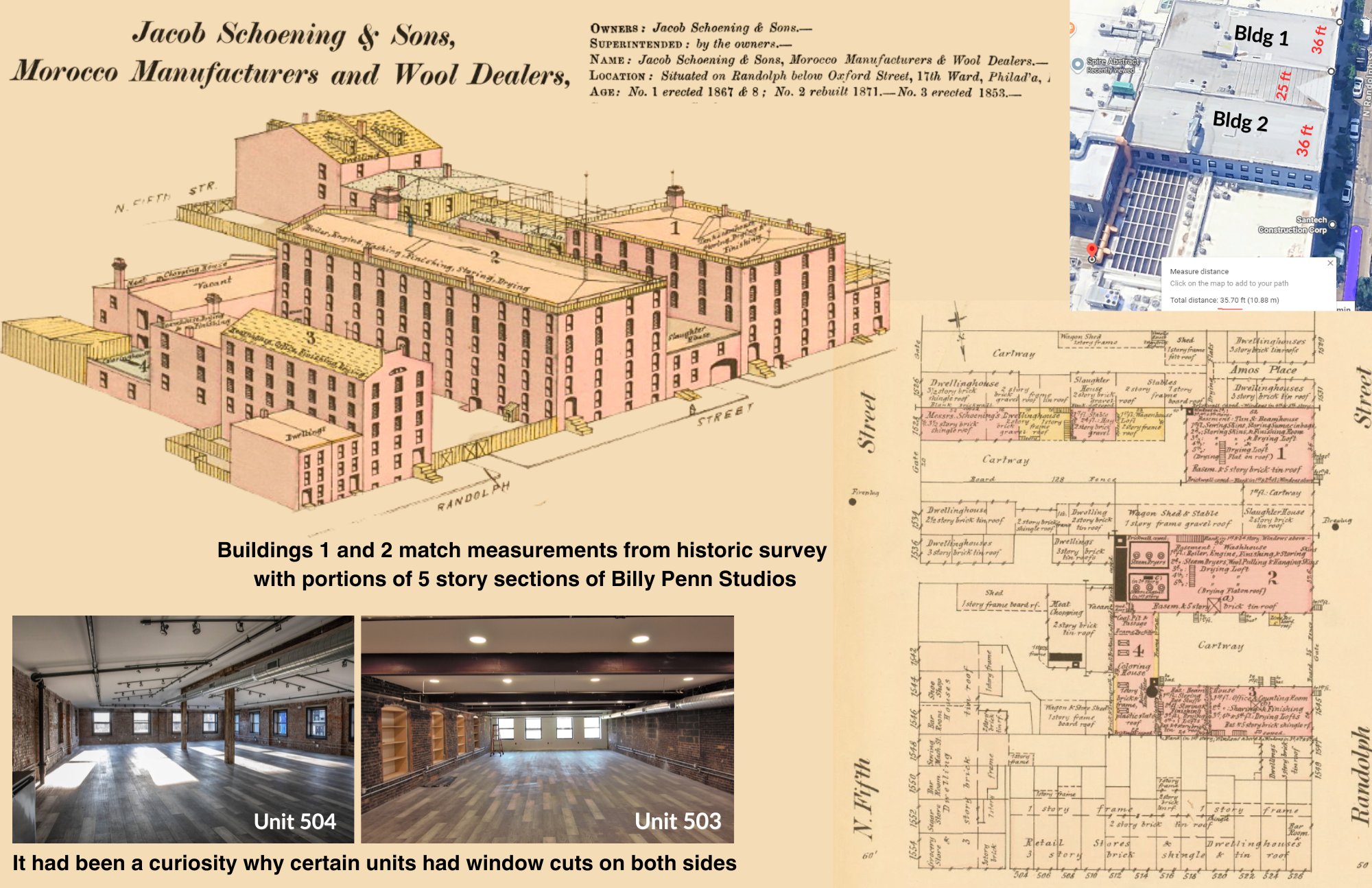Measurements from the 1878 survey matched against the current unit layout at Billy Penn Studios
