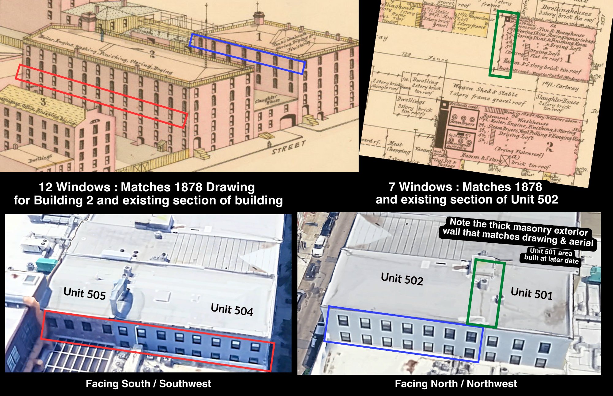 The window openings in the 1878 drawing compared with the surviving windows on the fifth floor at Billy Penn Studios