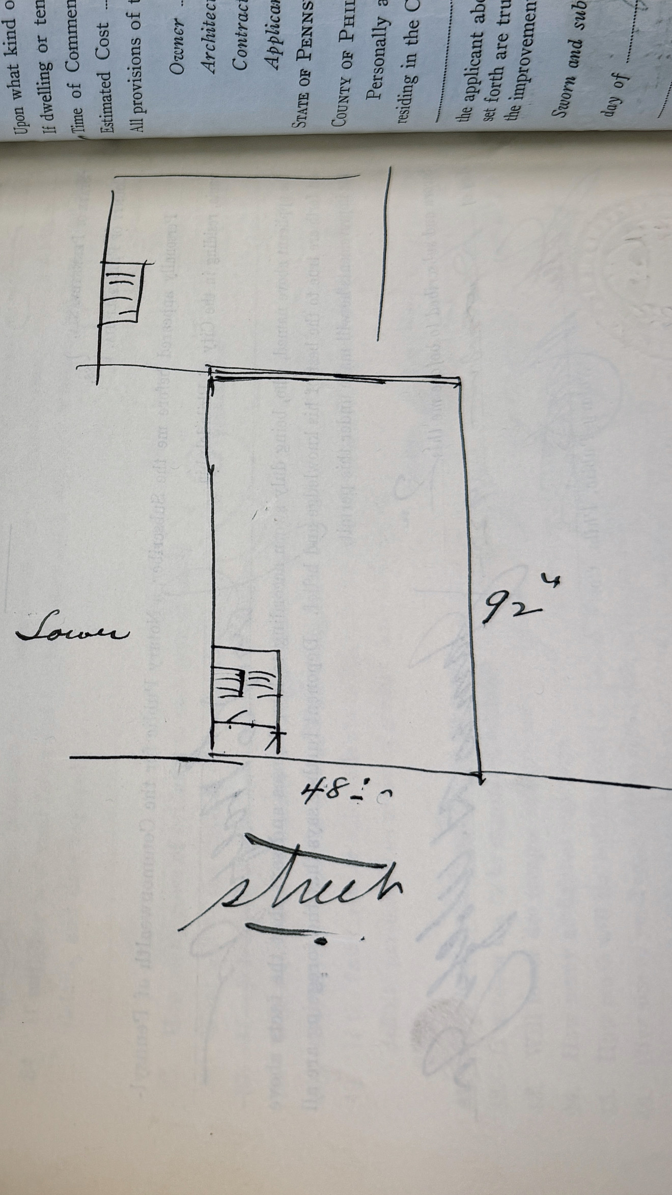 A hand drawn site sketch on the 1922 Philadelphia building permit, showing the footprint 48 feet along the street by 92 feet 4 inches deep
