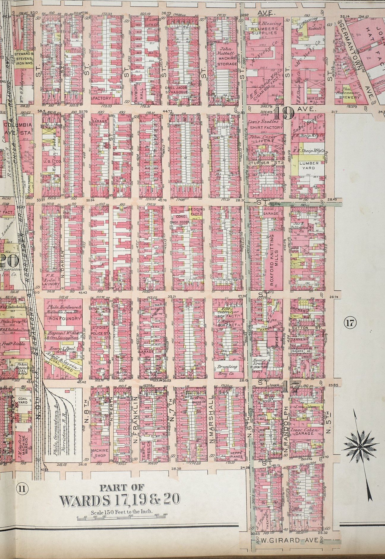 Plate 16 of a 1922 Philadelphia city atlas, wards 17, 19 and 20 — block after block of factories including the Stetson hat works, Roxford Knitting Mills, breweries, a tannery and an iron foundry
