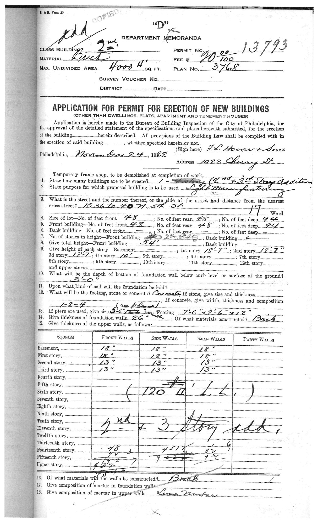 The November 1922 permit adding two storeys to the middle bay, taking the building to four stories and 54 feet