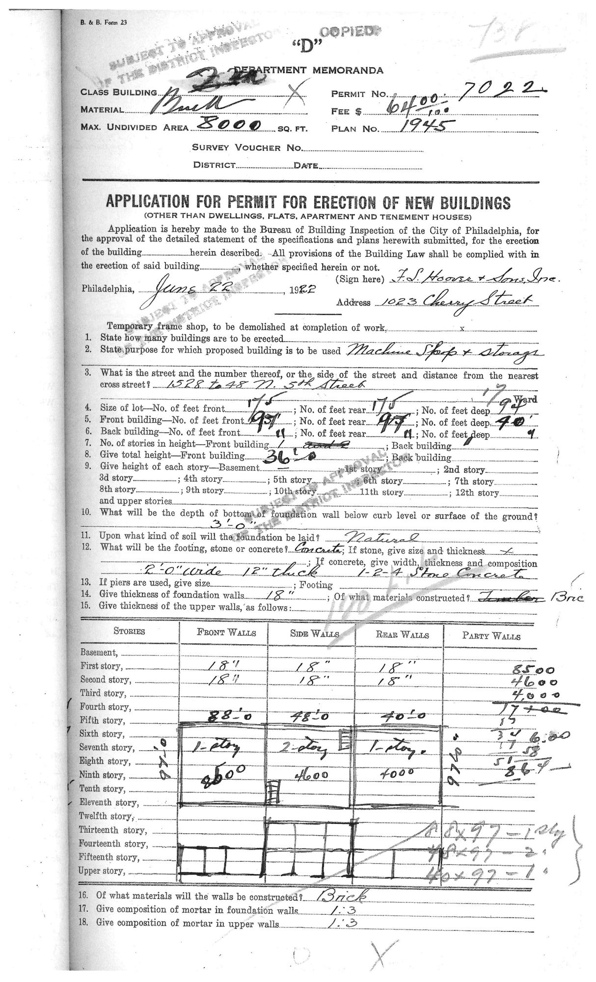 The June 1922 building permit for a brick machine shop and storage building at 1528 to 1548 N 5th Street