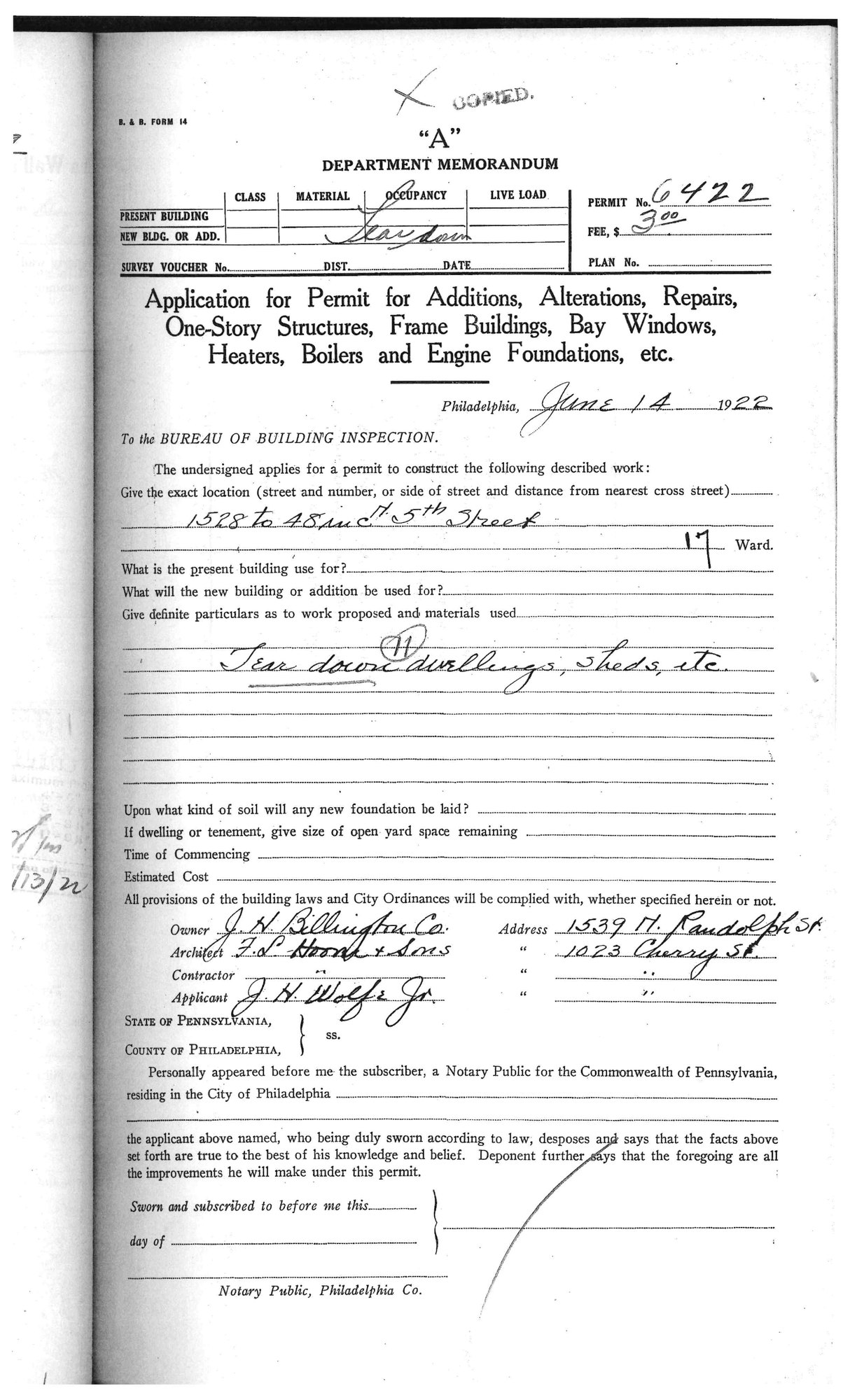The June 1922 Philadelphia demolition permit for 1528 to 1548 N 5th Street, to tear down dwellings and sheds