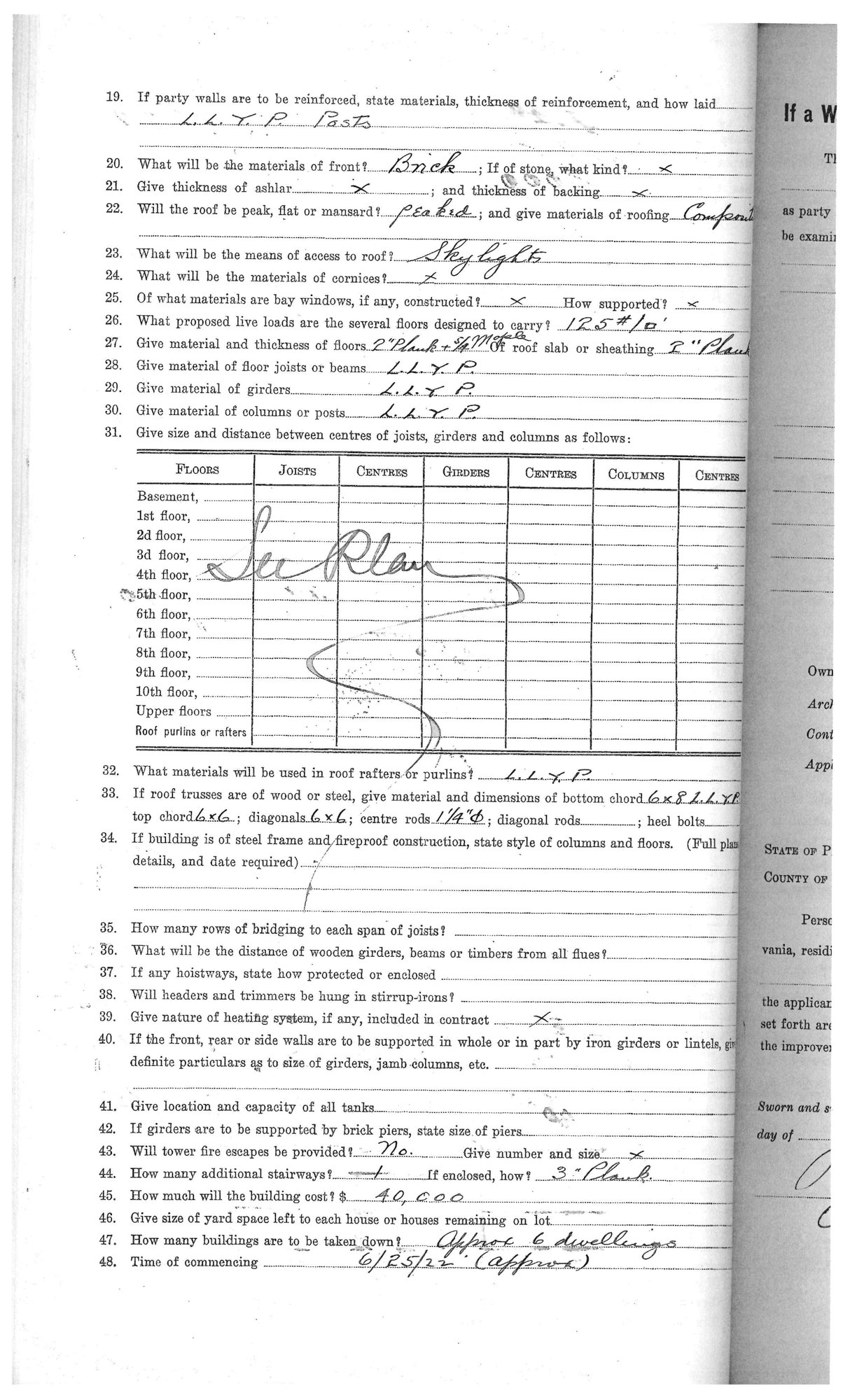 The 1922 permit specification page listing Long Leaf Yellow Pine for joists, girders, columns, posts and roof trusses