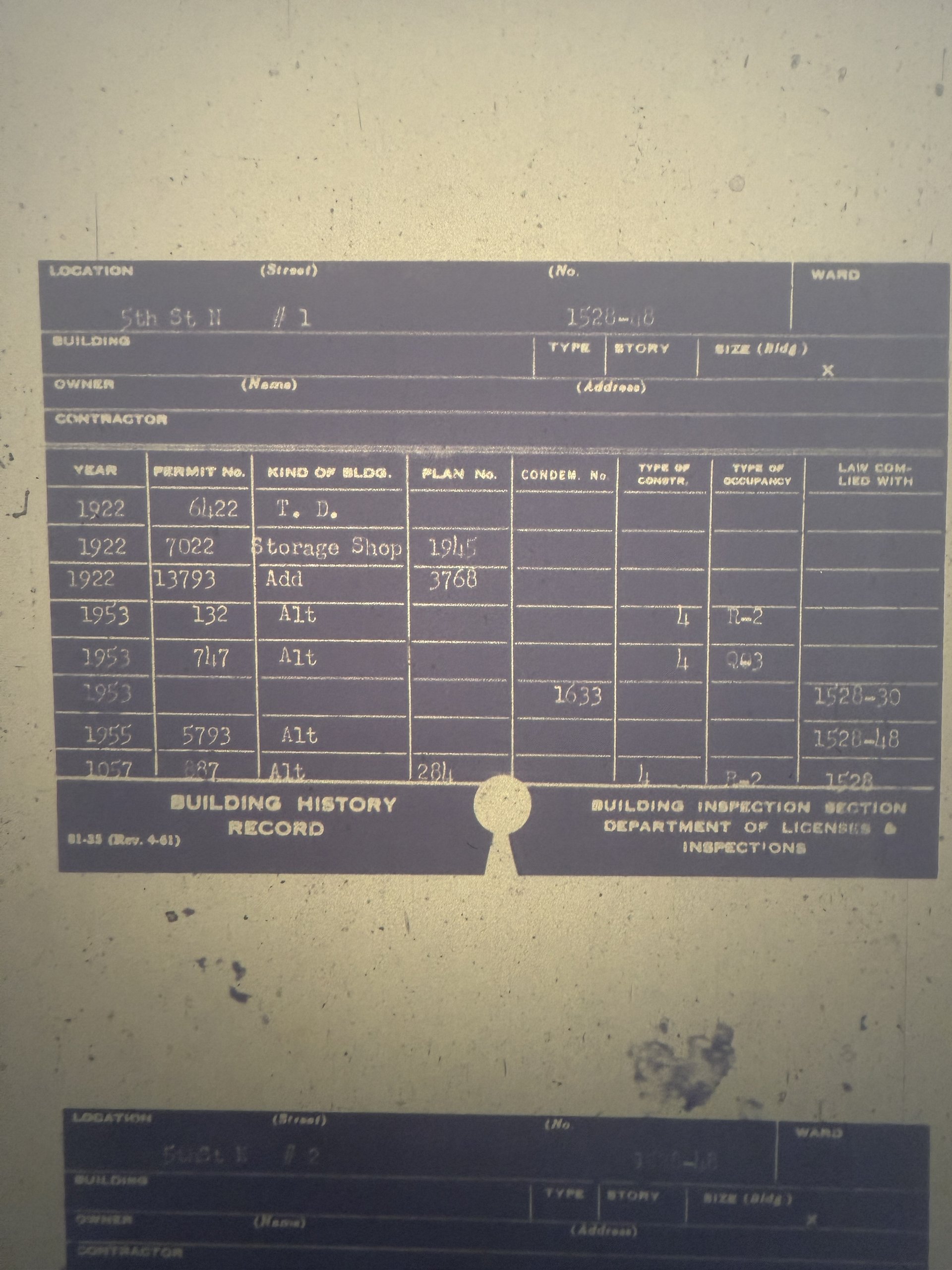The Philadelphia Building History Record card for 1528 to 1548 N 5th Street, listing every permit pulled on the property by year and number